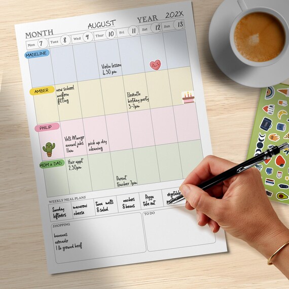 One Row For each Family Member, Easy To Read Planner