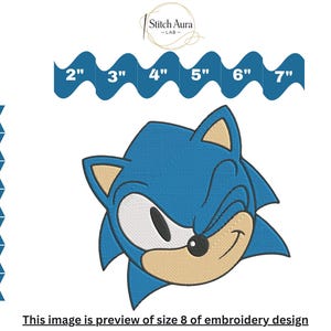 May include: An embroidery design of a blue hedgehog character with tan accents, featuring a winking expression. The image displays file formats DST, XXX, PES, VP3, SEW, HUS, EXP and size options from 2 to 7 inches. Text includes Stitch Aura Lab.