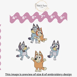 May include: An embroidery design preview featuring five cartoon characters in various poses. The characters are in shades of blue and orange, with the text "Stitch Aura -LAB-" at the top. The image includes size indicators from 4" to 9" and file type abbreviations.