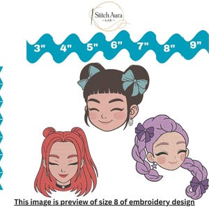 Peut inclure: Un motif de broderie représentant trois visages de style dessin animé avec des coiffures et des couleurs variées. Le visage du haut a des cheveux foncés avec des nœuds bleus, celui en bas à gauche des cheveux rouges et celui en bas à droite des cheveux tressés violets. Formats DST, XXX, PES, VP3, SEW, HUS, EXP et tailles de 3" à 9".