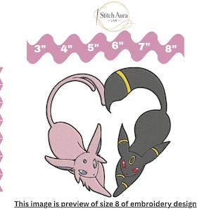 May include: An embroidery design featuring two cartoon characters in a heart shape. One is pink, the other black with yellow accents. Sizes are indicated from 7.6 cm to 20.3 cm. The design is labeled with various file formats. Text at the bottom reads: "This image is preview of size 8 of embroidery design."