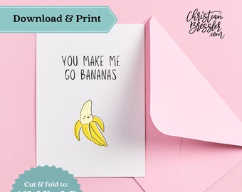 Go Bananas Pun Valentines Card PRINTABLE | Digital Greeting Card for Valentine's Day Instant Download