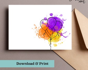 Watercolor Birthday Balloons Card PRINTABLE | Digital Birthday Card Instant Download