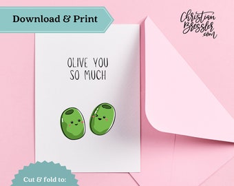 Olive you so much Valentines Card PRINTABLE | Digital Greeting Card for Valentine's Day Instant Download