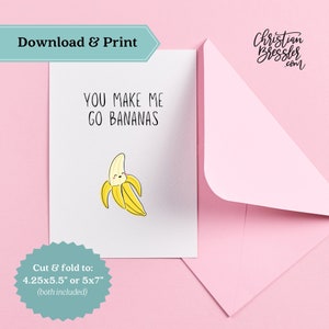 Go Bananas Pun Valentines Card PRINTABLE | Digital Greeting Card for Valentine's Day Instant Download