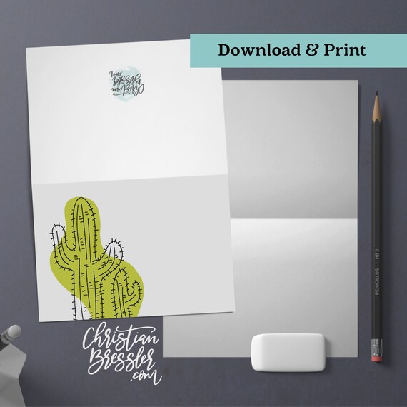Green Cactus Blank Note Card PRINTABLE Digital Card Instant - Etsy
