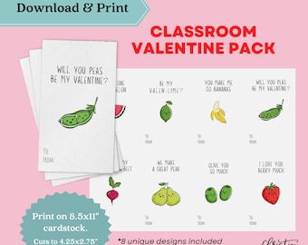 Fruit and Veggie Puns Valentines Card PRINTABLE | Digital Classroom Cards for Valentine's Day Instant Download