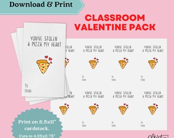 Pizza My Heart Classroom Valentines Cards PRINTABLE | Digital Classroom Cards for Valentine's Day Instant Download