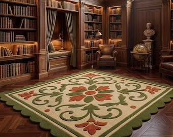 Vintage Floral Area Rug, Beige Botanical Carpet, Classic Victorian Style, Elegant Library Decor