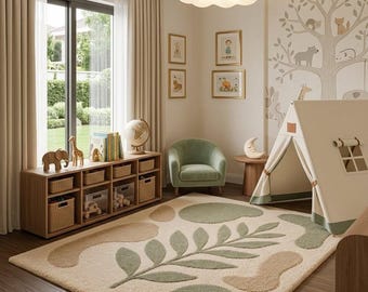 ニュートラルなボヘミアンリーフ柄の子供部屋用ラグ、ベビーエリア用カーペット