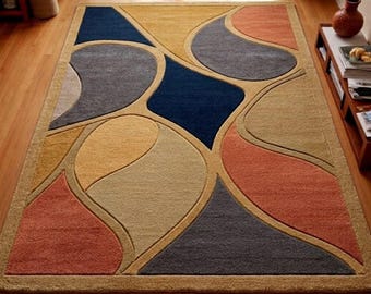 Alfombra geométrica abstracta, alfombra de felpa multicolor para sala de estar.