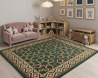 Green Geometric Moroccan Area Rug, Modern Kids Room Carpet, Boho Nursery Decor