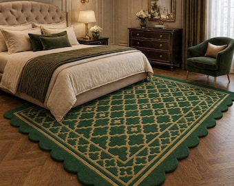 Alfombra marroquí geométrica verde, alfombra con borde festoneado, decoración de lujo para el dormitorio.