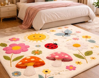 Paddenstoelentapijt met bloemen, zacht getuft tapijt voor kinderkamer, decoratie kinderkamer
