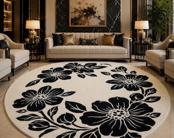 Black White Floral Round Rug, Modern Luxury Area Carpet, Elegant Living Room Flower Home