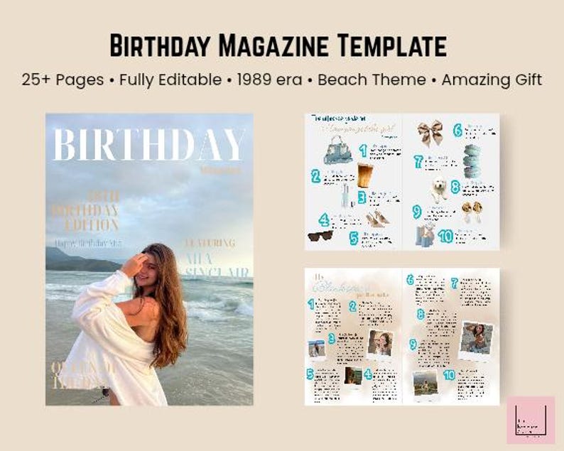 1989 Era Birthday Magazine Template | Beach Theme, Editable Canva ...