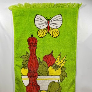 Vintage 1970s Terry Cloth Kitchen Towel – Cannon – Butterfly, Pepper Mill & Veggies – Lime Green – Made in USA