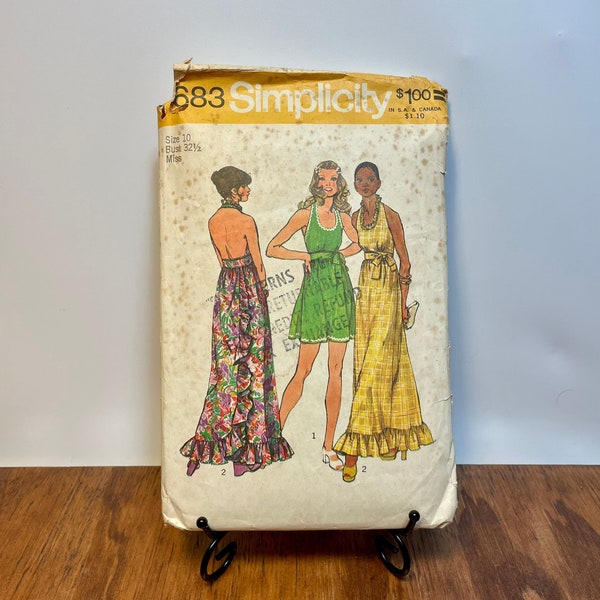 Vintage Halter Wrap Sewing Pattern Dress Simplicity 5683 1970's Mini and Maxi Scoop Neck Ruffle Boho Festival Hippie Sun Dress Full Length