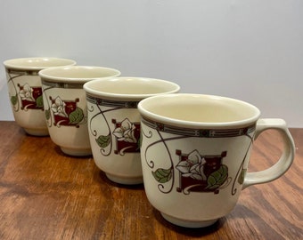 Vintage Pfaltzgraff Mission Flower Mugs – Set of 4 – Arts & Crafts Style Stoneware – 14 oz – Dishwasher and Microwave Safe