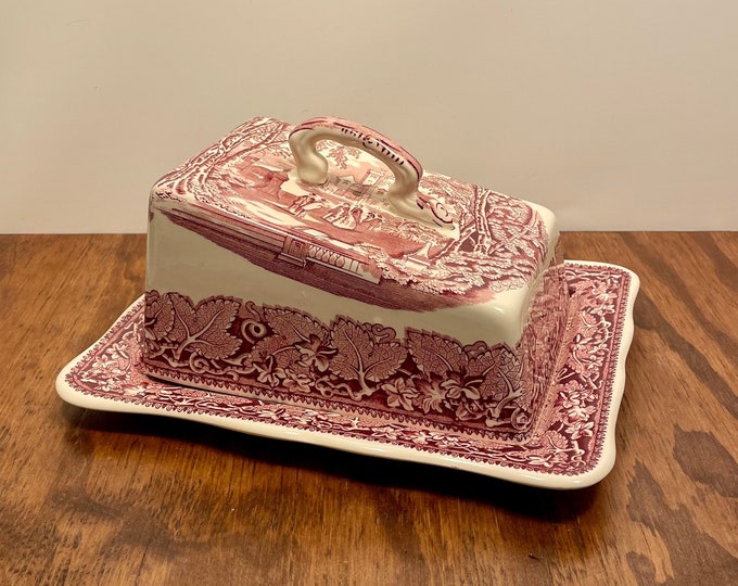 Mason's Pink Vista Cheese Dish Ironstone Red Transferware Wedge Cheese Keeper With Underplate