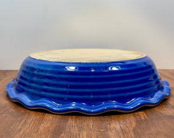 Assiette à tarte bleue 9 po., côtés nervurés, intérieur beige, plat à tarte en céramique, plat à quiche en céramique