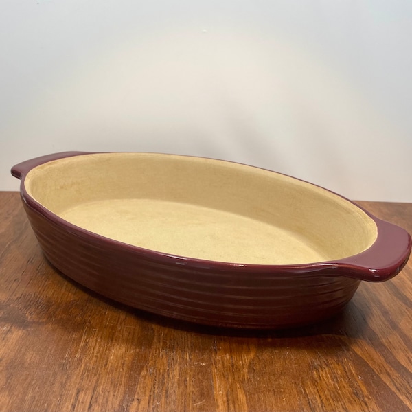 The Pampered Chef Large Oval Baker Cranberry Glaze Stoneware New Traditions Baking Dish with Handles 1990's