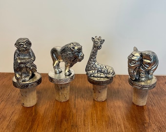 Vintage Wine Bottle Stoppers – Wild Animals – Polished Metal – Elephant, Chimpanzee, Giraffe, Lion – 1970s Barware Decor