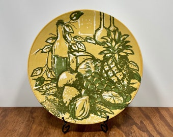 Mid Century Ironstone Dinner Plates by Royal China Set of 3 Baccanale 10 Inch Gold and Avocado Green Still Life