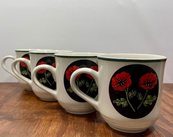 Nina Mortellito Poppies Mugs Set of 4 Large Mugs Red and Black Floral