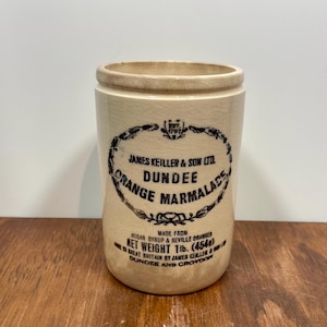 Dundee Orange Marmalade Crock Jar James Keiller & Son Jam Pot Made in England Advertisement Stoneware