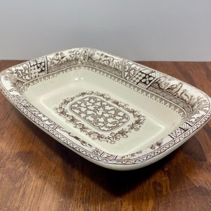 Wedgwood Melton Brown Gemüseschale 9,5-Zoll-rechteckiges Servierstück Transferware 1880er Jahre viktorianische Jagdszene Made in England