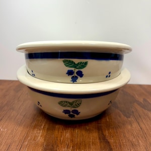 May include: Two ceramic bowls stacked on top of each other. The bowls are off-white with a blue stripe around the rim and a blueberry design. The bowls are on a wooden surface.