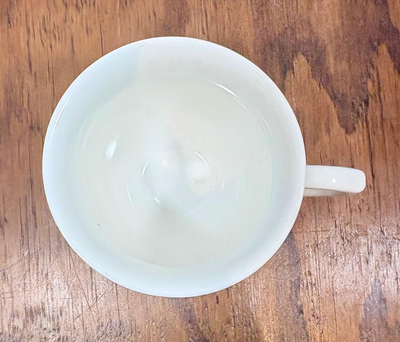 Puede incluir: Vista a&eacute;rea de una taza de t&eacute; de cer&aacute;mica blanca con asa. La taza est&aacute; vac&iacute;a y se encuentra sobre una superficie de madera. El interior de la taza es liso y el asa es curva.