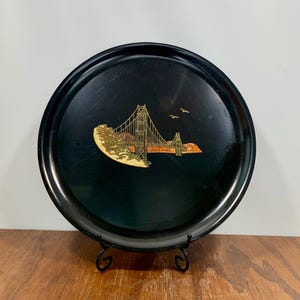 Mid Century Round Plate Tray by Couroc of Monterey 1960s Golden Gate Bridge San Francisco Black Phenolic Resin Inlaid Serving Tray