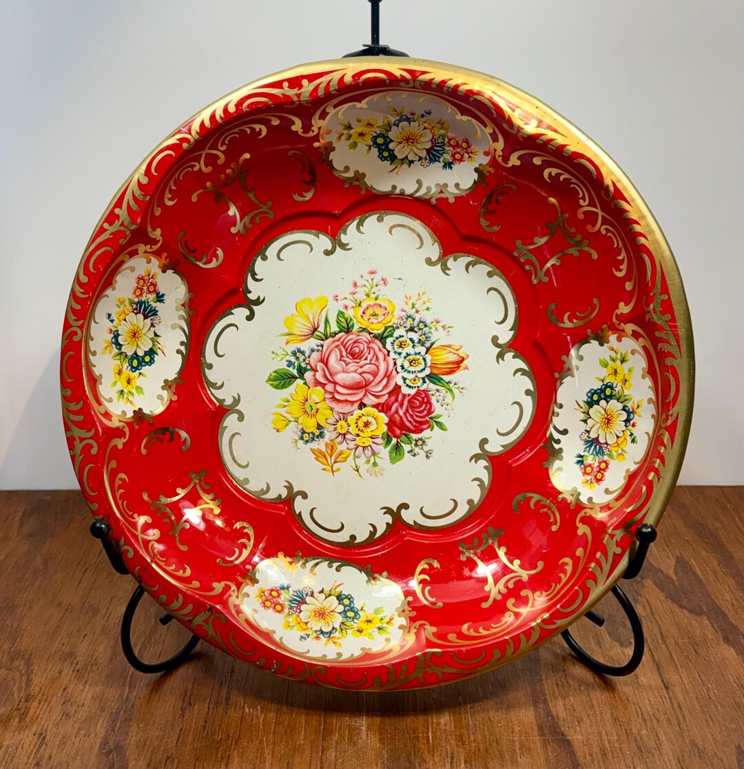 Tin Bowl Decatur Vintage Daher Tin Bowl – Red & Gold Floral – Made in England - Etsy