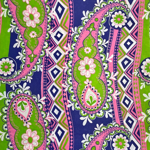 1960's Large Scale Paisley Geometric Fabric 4 2/3 Yards Pink Navy Lime Green Cotton/Poly Blend Sewing Yardage Groovy Hippie Boho Fabric