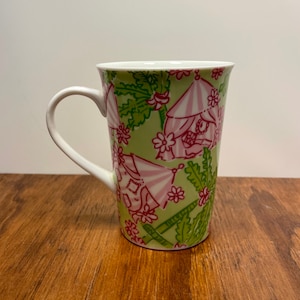 Lilly Pulitzer Cabanarama Mug - Pink & Green Cabanas with Palm Trees - “Life, Lilly, and the Pursuit of Happiness” - 8 oz