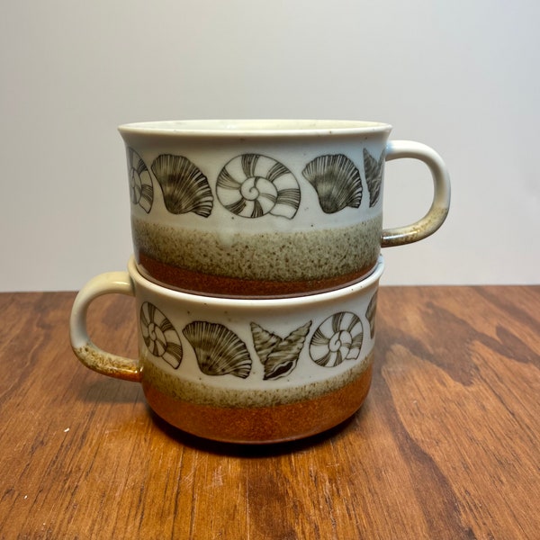 Lot de 2 tasses à soupe Otagiri, grès des années 1970, coquillages, coquillages, plage nautique, céramique, tons ocre