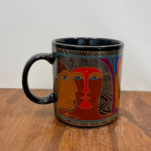 Laurel Burch Ancient Ancestors Mug Folk Art Bright Colors Metallic Gold Faces Coffee Tea 1980s