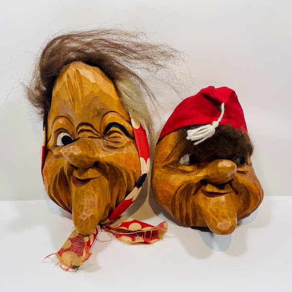 Pair of Large Vintage Hand Carved Wooden Carnival Mask from Switzerland for Wall or Door Decor