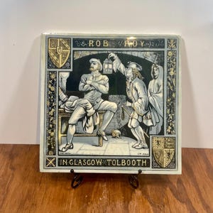 Antique Rob Roy Tile by John Moyr-Smith for Minton's China Works – Circa 1878 – 8" Waverley Series – Blue & Ochre