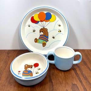 Mikasa Aviator 3 Piece Child&#39;s Set, Plate, Bowl, Mug, Teddy Bear with Balloons and Bees, Made In Japan, Ceramic Child&#39;s Dish Set