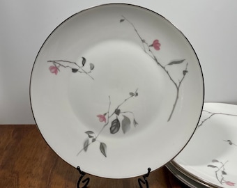 Rosenthal Japanese Quince Platinum Dinner Plates Set of 4 Plates- 9 3/4" Made in Germany Mid Century Modern Gray Pink Silver Floral