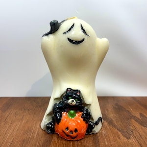 Vintage Halloween Candle – Ghost with Black Cat, Jack-o-Lantern & Bat – 1970s – Unused