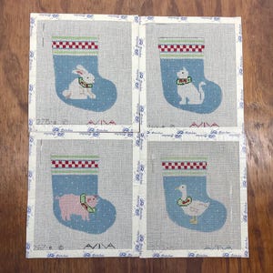 Aviva Hand Painted Needlepoint Canvas – Barnyard Animals with Wreaths – 13 Count – Cat, Bunny, Pig or Duck – 1990s