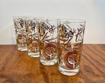 Vintage Mid Century Christmas Glasses – Set of 4 – Clear Tumblers with Gold Ornaments – 12 oz Holiday Barware