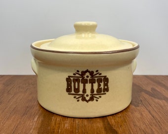 Pfaltzgraff Village Butter Tub with Handles and Lid Brown on Cream Colonial Design 1970s