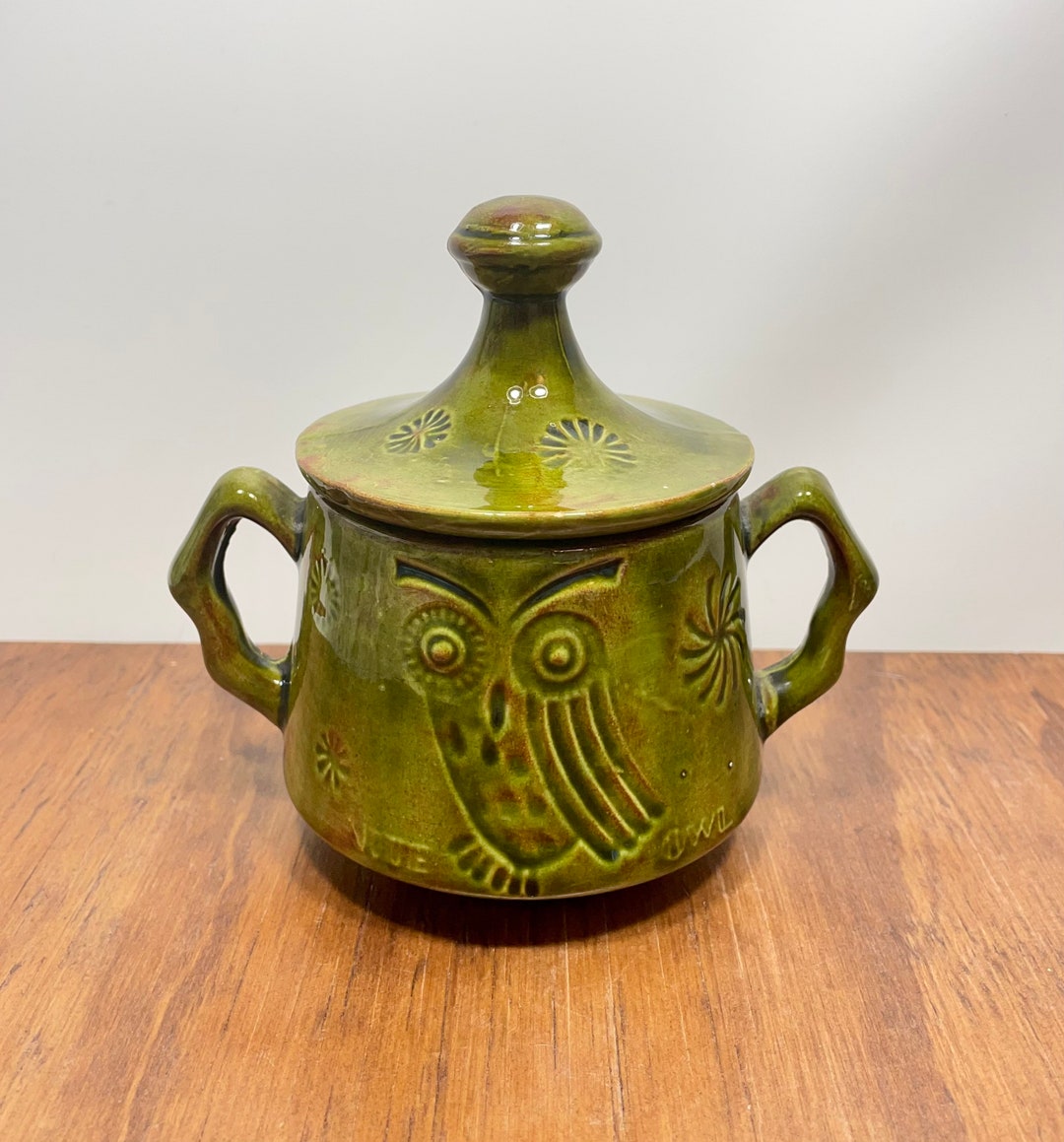 Vintage Nite Owl Sugar Bowl With Lid Green Glazed 1960's Etsy