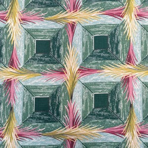 Panel de cortina vintage de tela de corteza de árbol, años 40, con estampado geométrico de hojas de mediados de siglo, verde agua malva, 114 x 112 cm