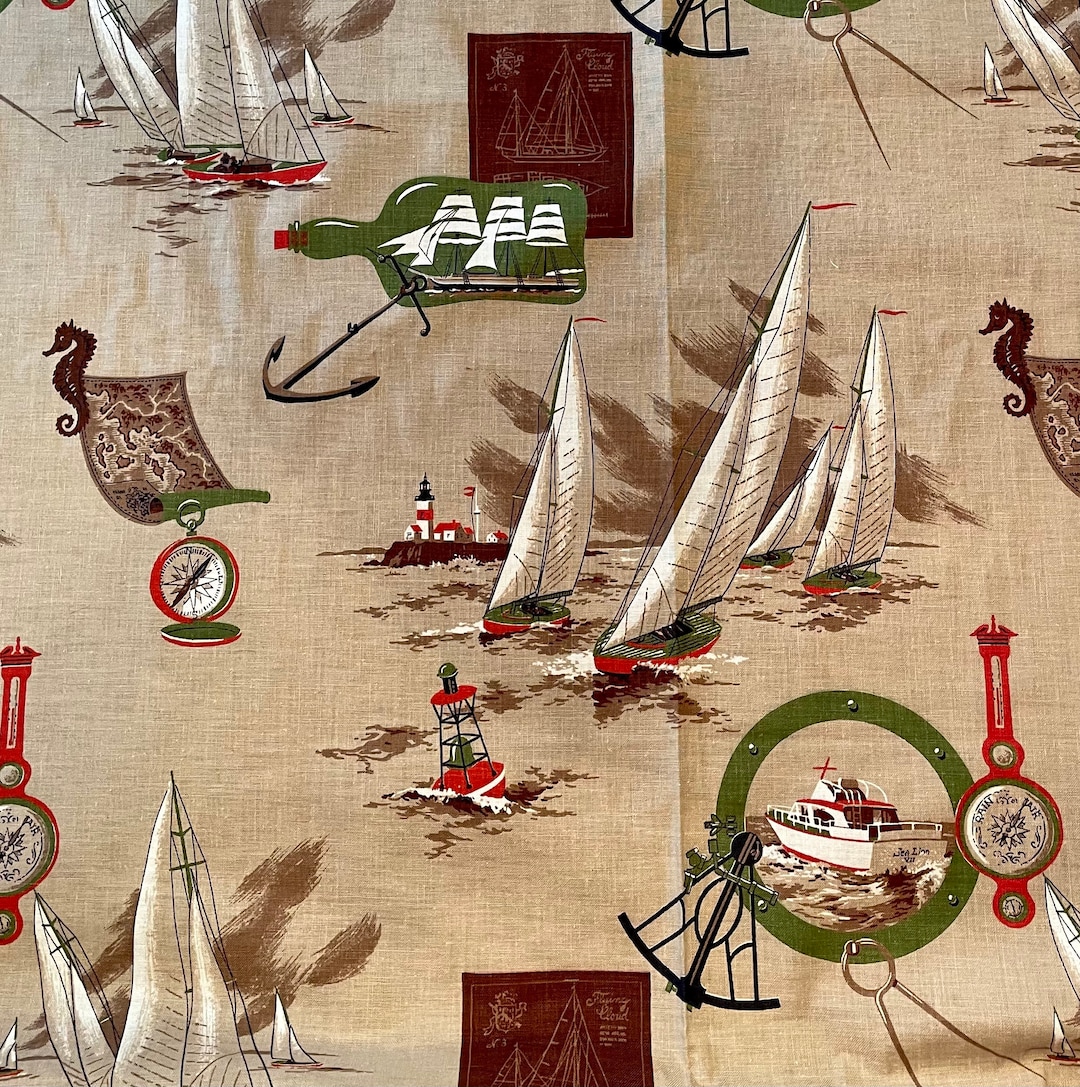 Nautical Home Decorating Fabric 8 Yards Vintage 1950s 1960s Taupe Brown